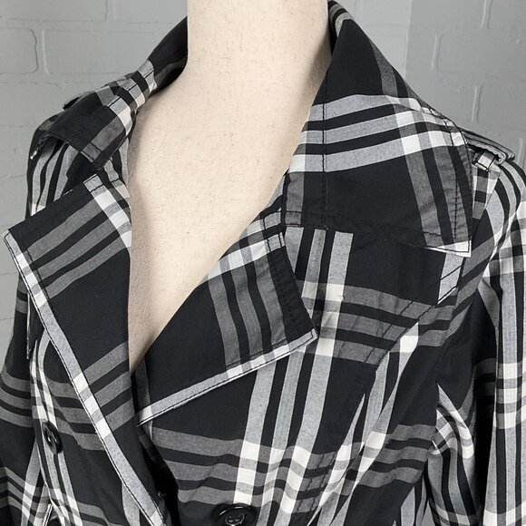 JouJou Jacket Women Small Black Gray White Plaid Trench Short Notch‎ Belt Cotton - Picture 2 of 12